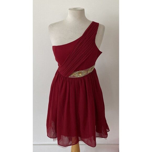 Minuet Red Dress One-Shoulder Sash Fit & Flare Sequin Gold Waist Size Small - Picture 1 of 7
